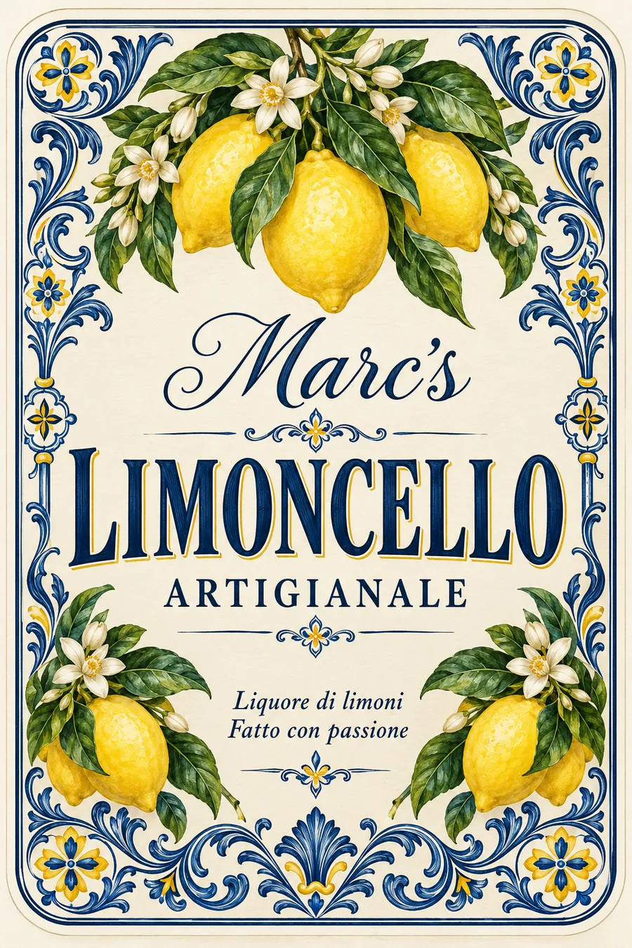 Het etiket van Marc's Limoncello Artigianale: citroenen en bloesem in een blauw-gele Italiaanse tegelrand