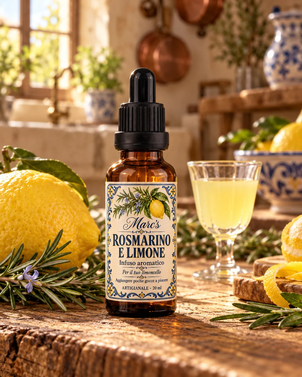 Een apothekersflesje Rosmarino e Limone met pipet naast een glaasje limoncello