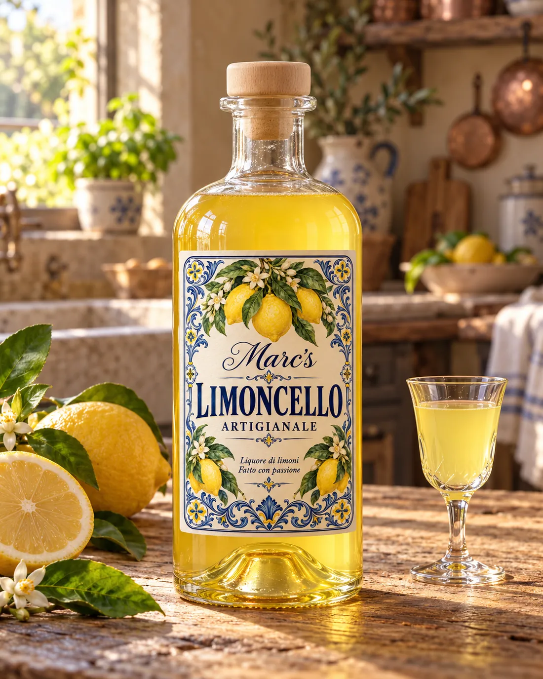 Een fles Marc's Limoncello Artigianale met een glaasje limoncello en verse citroenen in een zonnige Italiaanse keuken