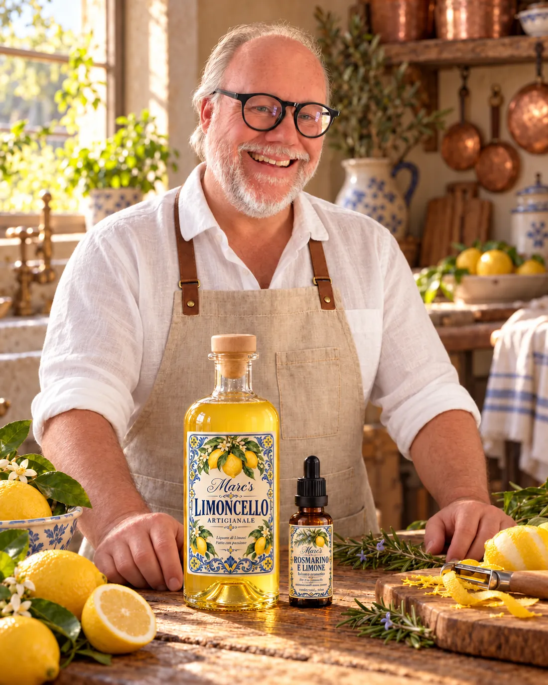 Marc in een linnen schort achter een fles Marc's Limoncello en een flesje Rosmarino e Limone