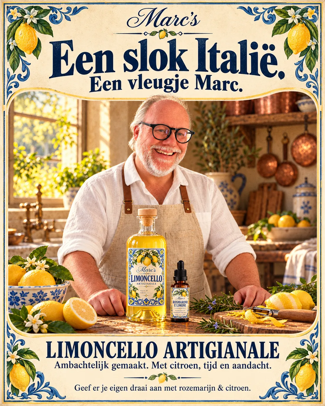 Affiche: Een slok Italië. Een vleugje Marc. Limoncello artigianale, ambachtelijk gemaakt met citroen, tijd en aandacht